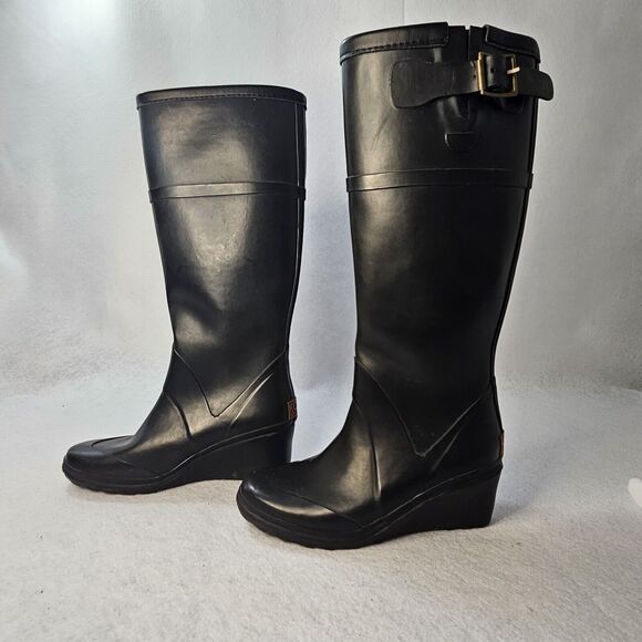 MICHAEL KORS Black Wedge Rain boots Sz 6 - Picture 2 of 9